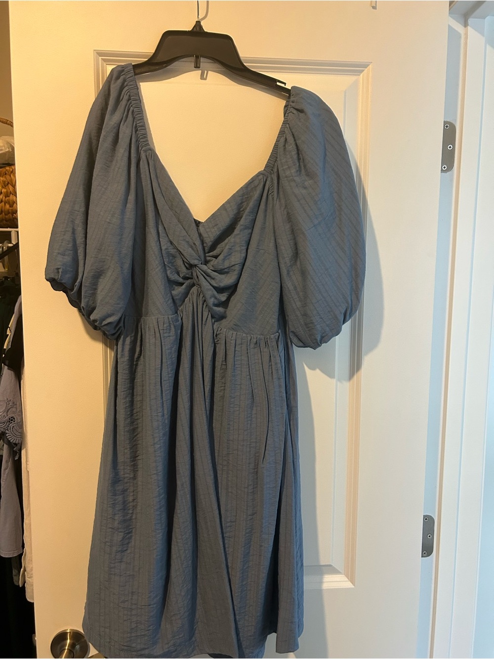 Dusty Blue Twist-Front Midi Dress with Puff Sleeves